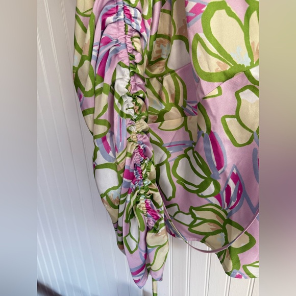 ASOS Design Floral Ruched Sleeve Pink and Green Blouse Size 14 - Picture 3 of 6